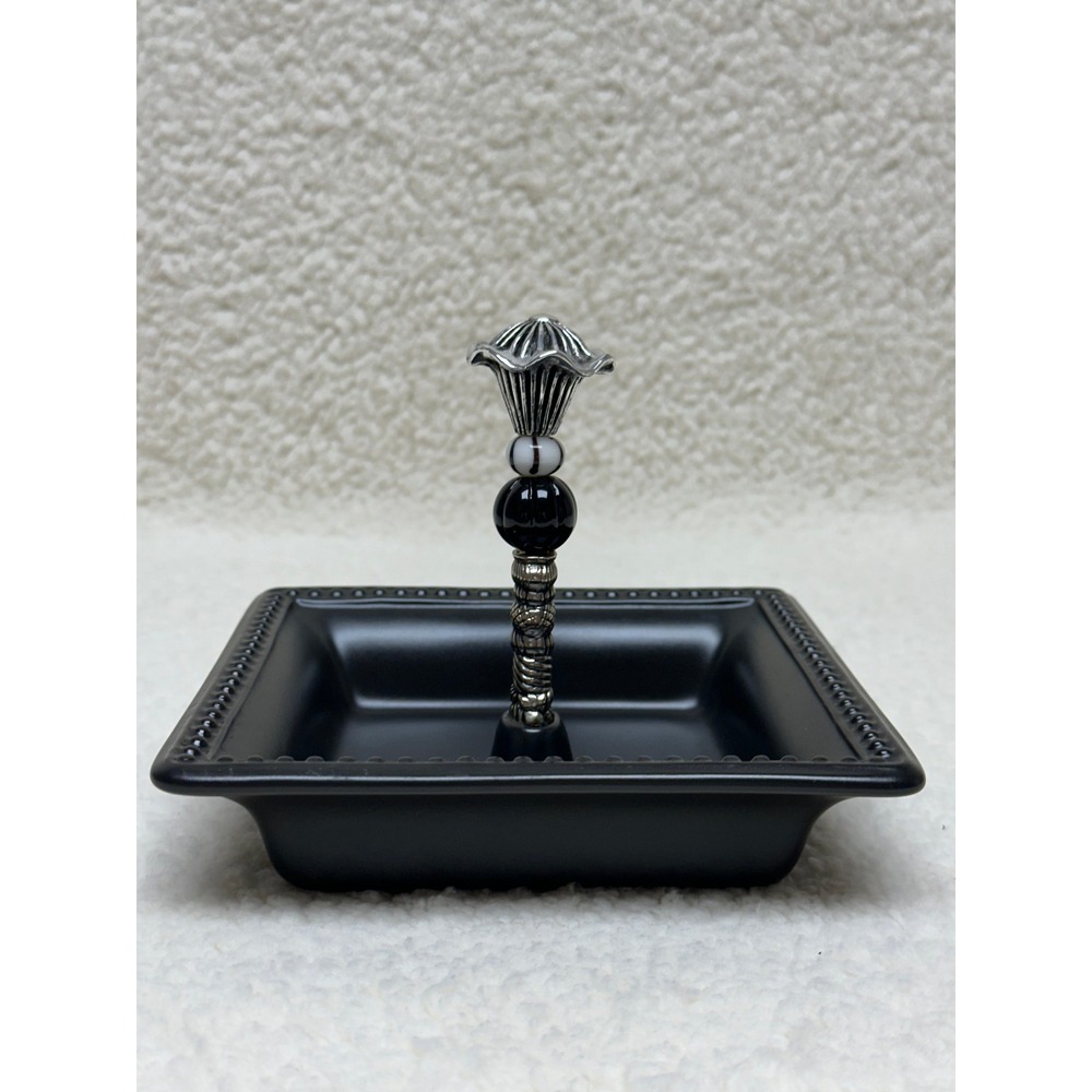 Mud Pie Trinket Candy Dish Black Beaded Ceramic Silver Spindle Glass Beads